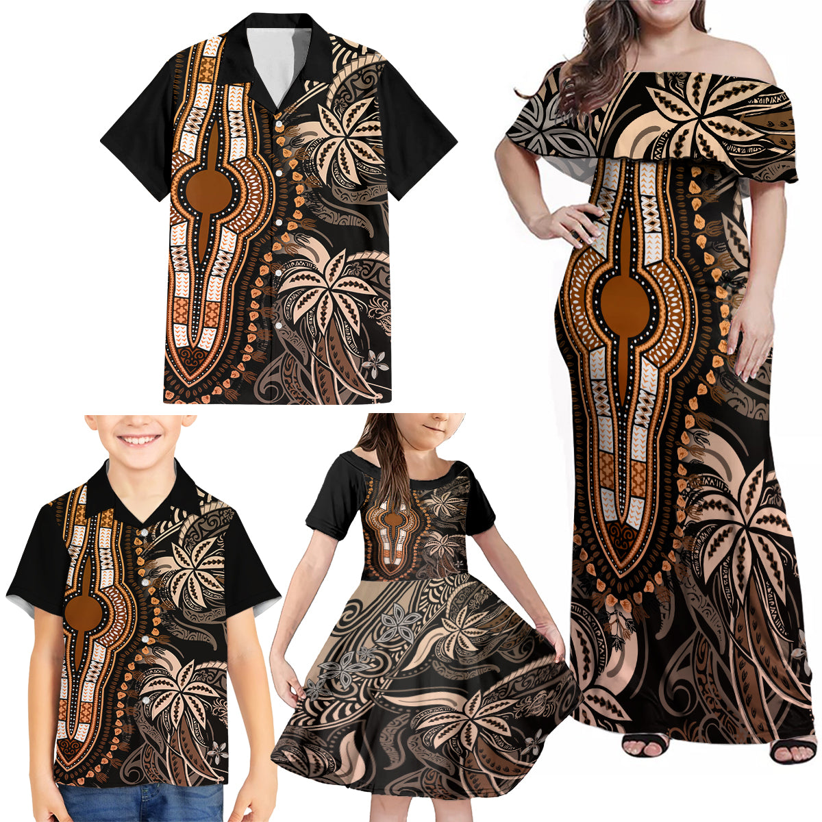 Polynesia Dashiki Family Matching Off Shoulder Maxi Dress and Hawaiian Shirt Polynesia and Africa Traditional Special Together Gold LT9 - Polynesian Pride