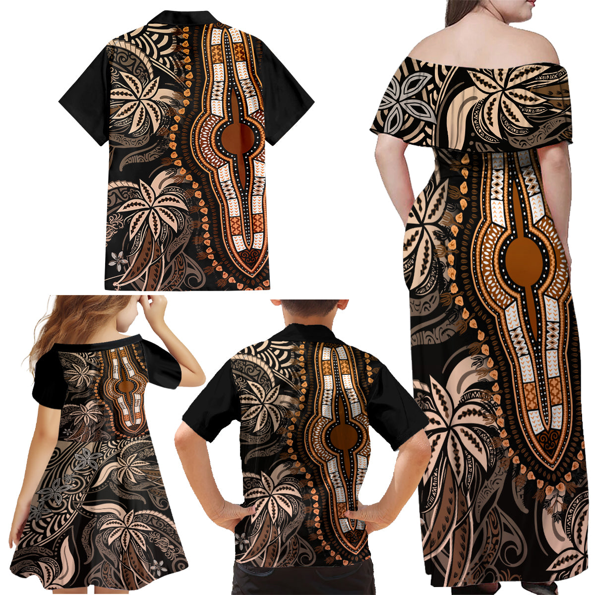 Polynesia Dashiki Family Matching Off Shoulder Maxi Dress and Hawaiian Shirt Polynesia and Africa Traditional Special Together Gold LT9 - Polynesian Pride