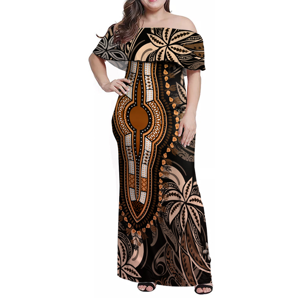 Polynesia Dashiki Family Matching Off Shoulder Maxi Dress and Hawaiian Shirt Polynesia and Africa Traditional Special Together Gold LT9 Mom's Dress Gold - Polynesian Pride