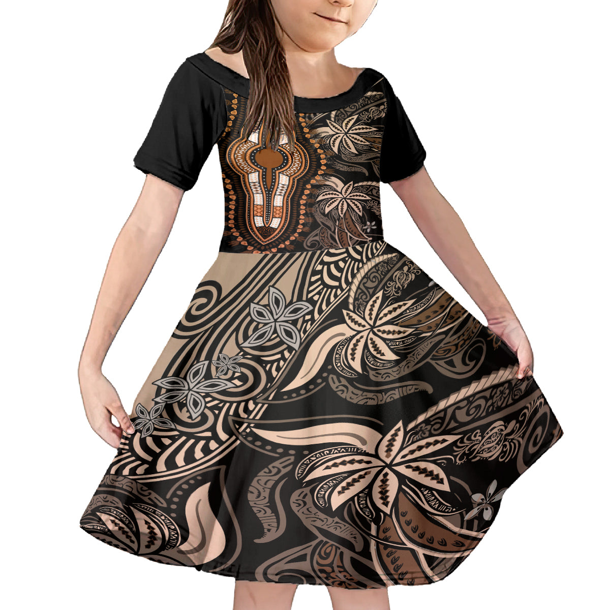 Polynesia Dashiki Family Matching Off Shoulder Short Dress and Hawaiian Shirt Polynesia and Africa Traditional Special Together Gold LT9 Daughter's Dress Gold - Polynesian Pride