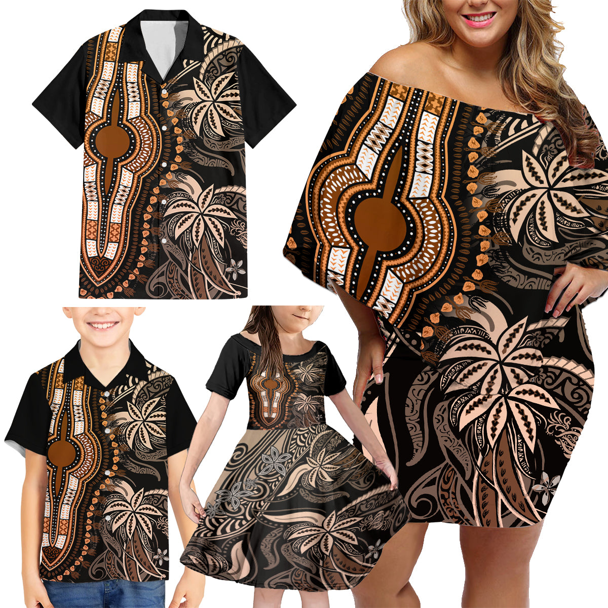 Polynesia Dashiki Family Matching Off Shoulder Short Dress and Hawaiian Shirt Polynesia and Africa Traditional Special Together Gold LT9 - Polynesian Pride