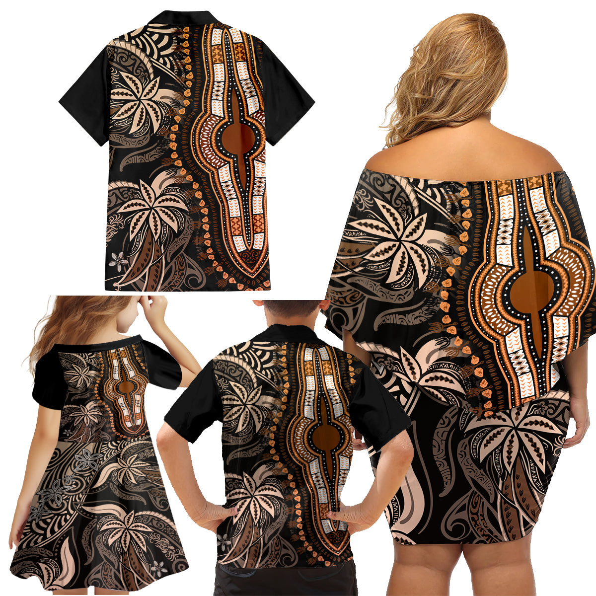 Polynesia Dashiki Family Matching Off Shoulder Short Dress and Hawaiian Shirt Polynesia and Africa Traditional Special Together Gold LT9 - Polynesian Pride