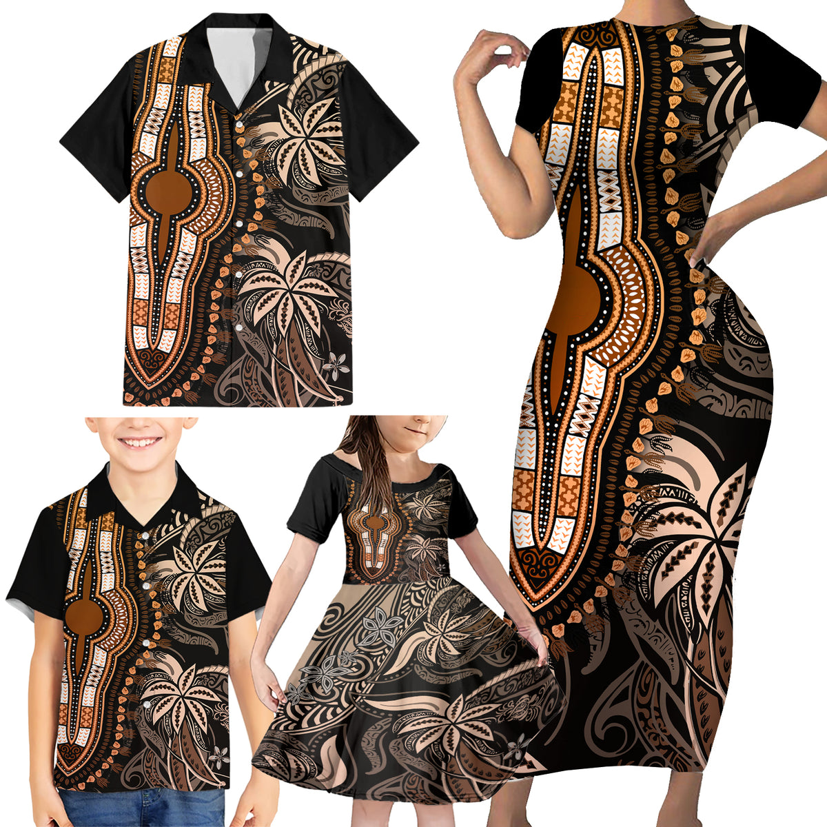 Polynesia Dashiki Family Matching Short Sleeve Bodycon Dress and Hawaiian Shirt Polynesia and Africa Traditional Special Together Gold LT9 - Polynesian Pride