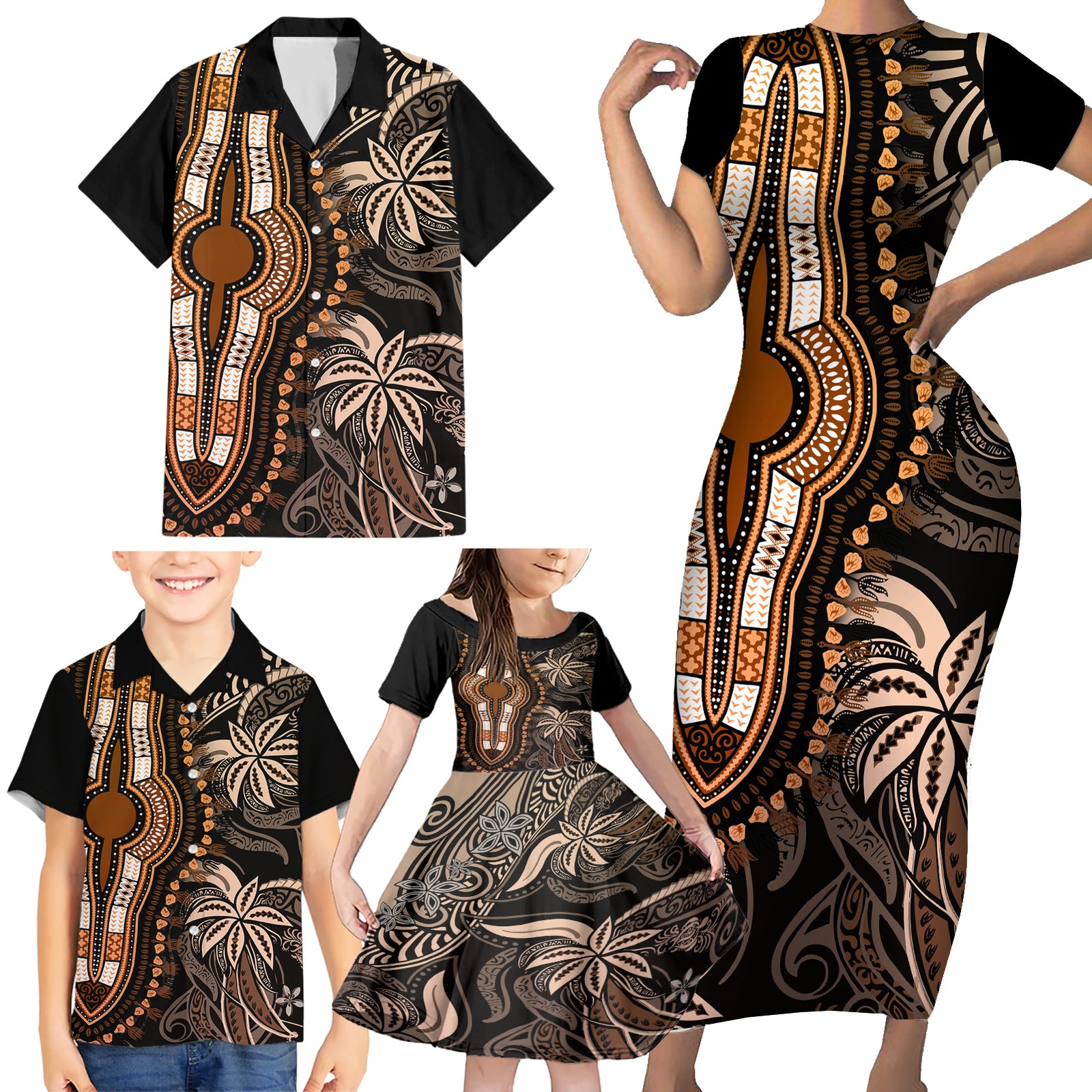Polynesia Dashiki Family Matching Short Sleeve Bodycon Dress and Hawaiian Shirt Polynesia and Africa Traditional Special Together Gold LT9 - Polynesian Pride