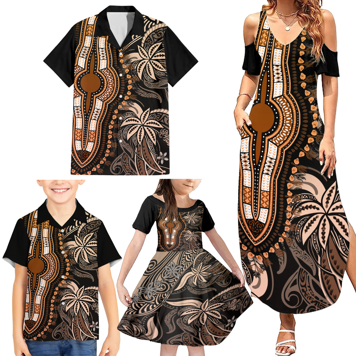 Polynesia Dashiki Family Matching Summer Maxi Dress and Hawaiian Shirt Polynesia and Africa Traditional Special Together Gold LT9 - Polynesian Pride