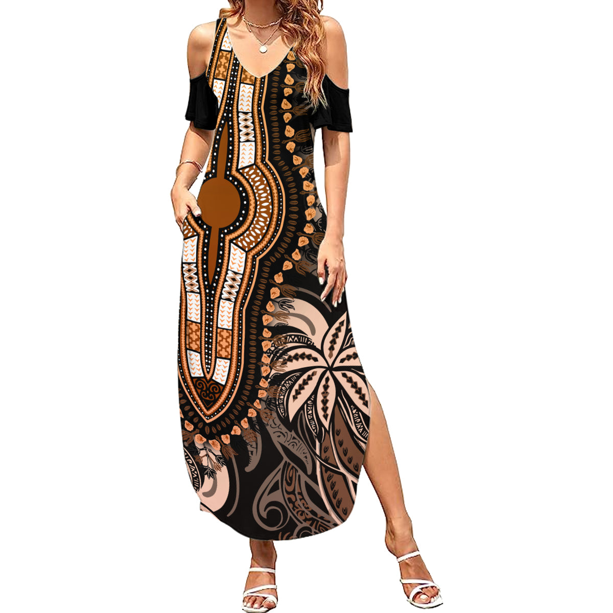 Polynesia Dashiki Family Matching Summer Maxi Dress and Hawaiian Shirt Polynesia and Africa Traditional Special Together Gold LT9 Mom's Dress Gold - Polynesian Pride