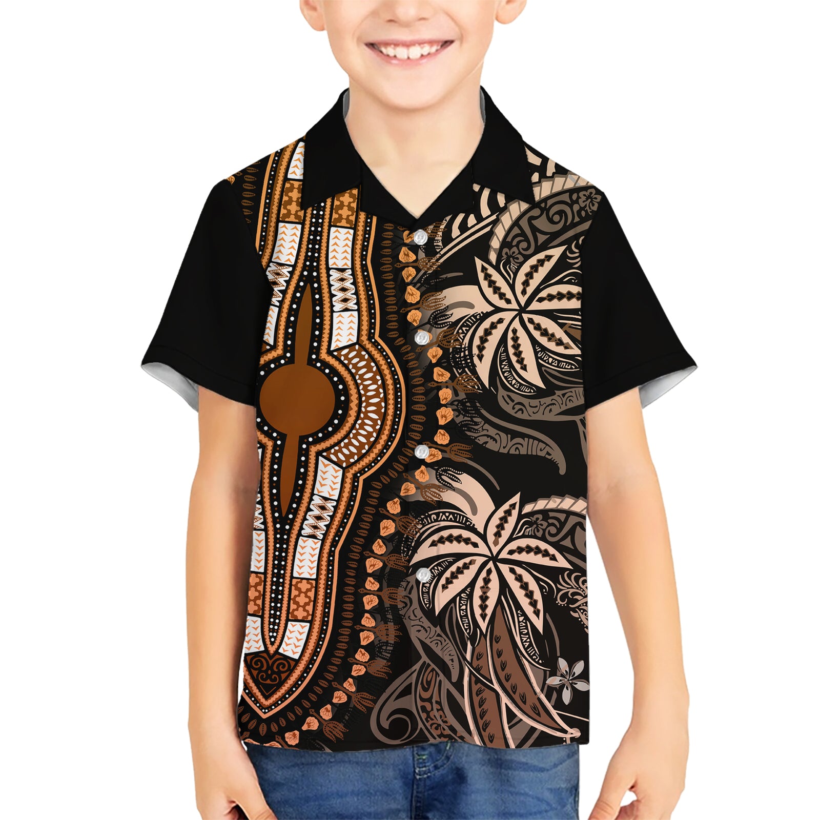 Polynesia Dashiki Kid Hawaiian Shirt Polynesia and Africa Traditional Special Together Gold LT9 Kid Gold - Polynesian Pride