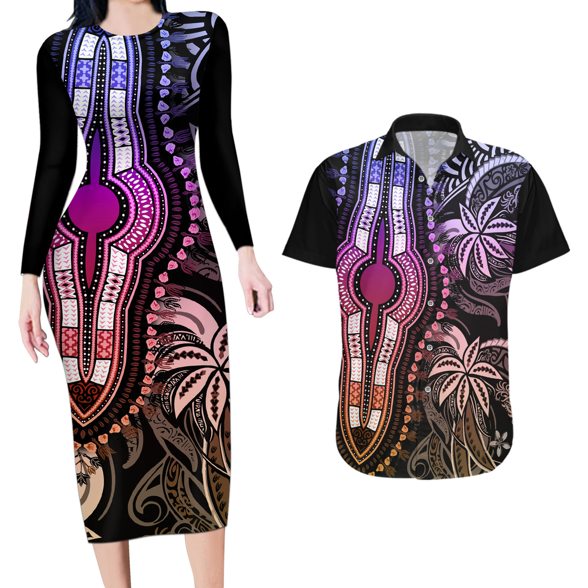 Polynesia Dashiki Couples Matching Long Sleeve Bodycon Dress and Hawaiian Shirt Polynesia and Africa Traditional Special Together Pastel LT9 Pastel - Polynesian Pride