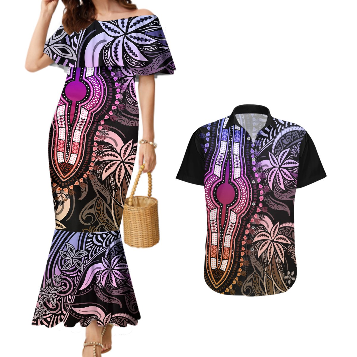 Polynesia Dashiki Couples Matching Mermaid Dress and Hawaiian Shirt Polynesia and Africa Traditional Special Together Pastel LT9 Pastel - Polynesian Pride