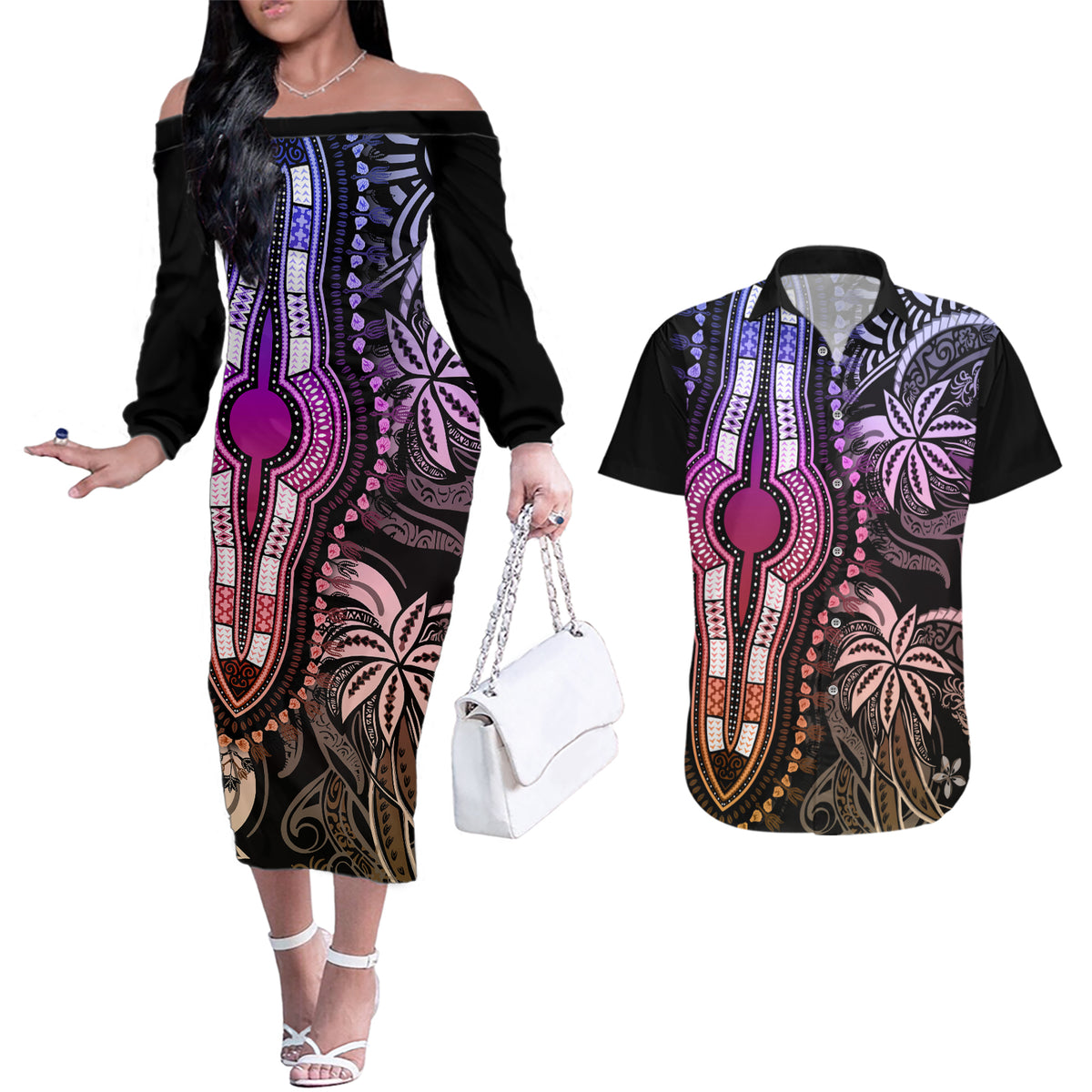 Polynesia Dashiki Couples Matching Off The Shoulder Long Sleeve Dress and Hawaiian Shirt Polynesia and Africa Traditional Special Together Pastel LT9 Pastel - Polynesian Pride