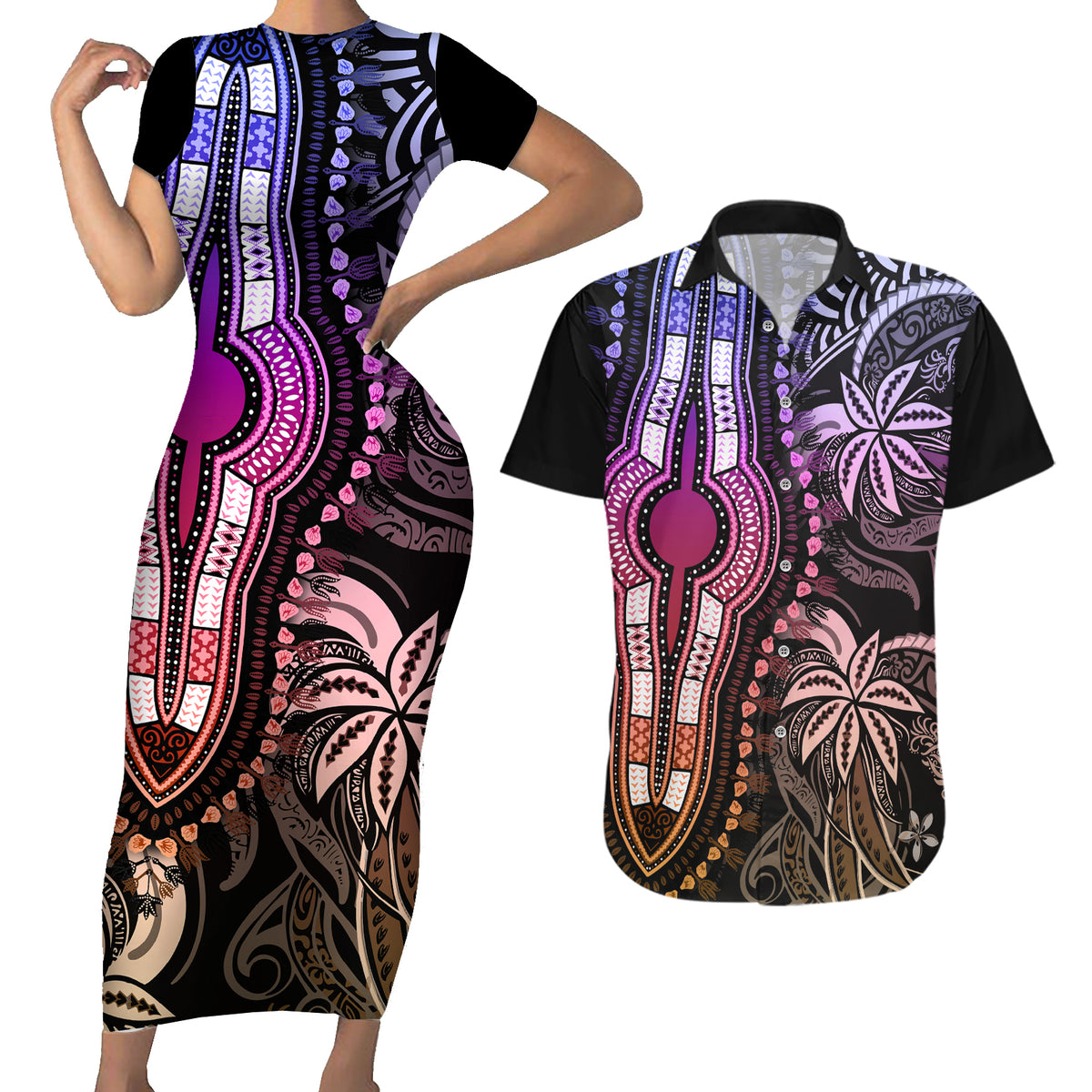 Polynesia Dashiki Couples Matching Short Sleeve Bodycon Dress and Hawaiian Shirt Polynesia and Africa Traditional Special Together Pastel LT9 Pastel - Polynesian Pride