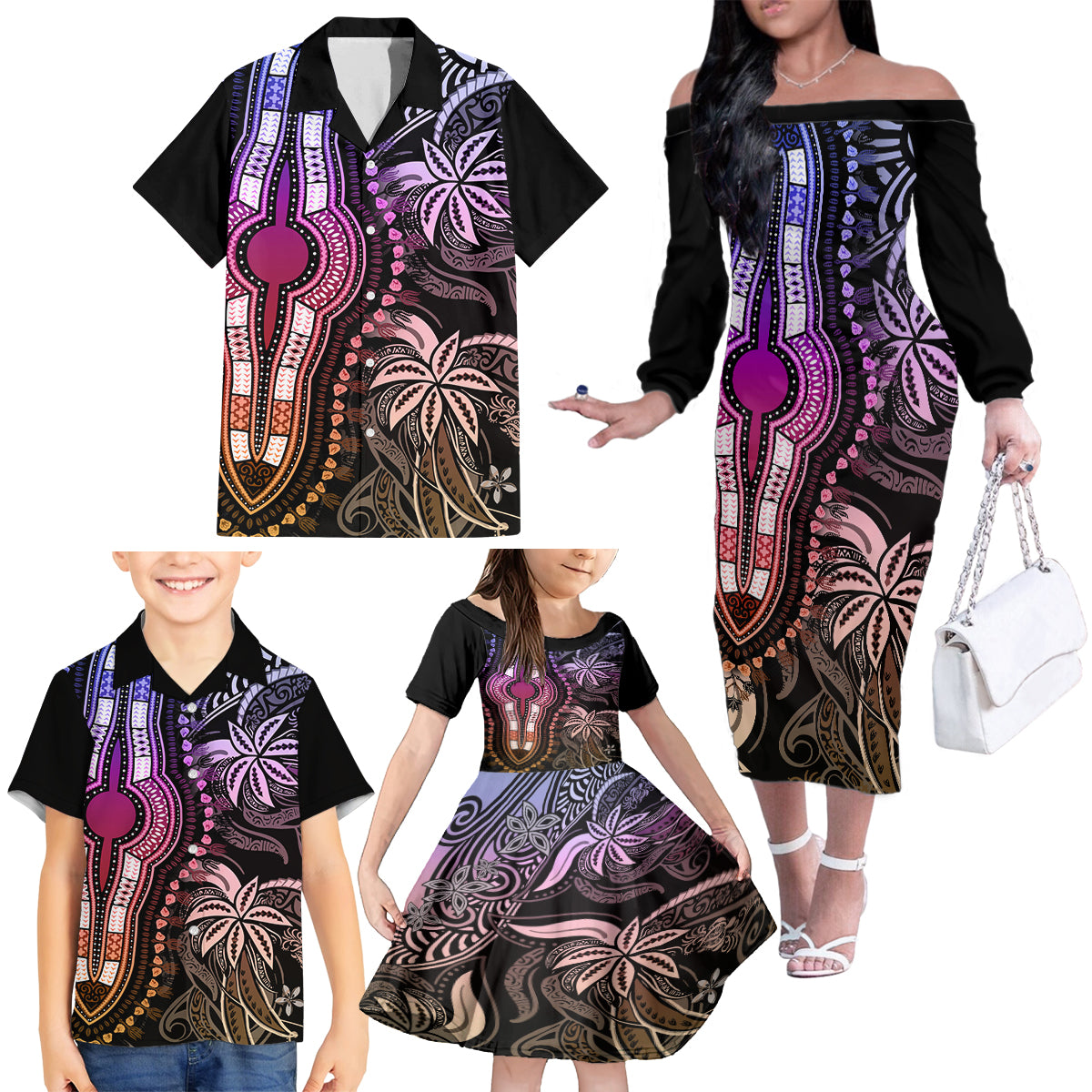 Polynesia Dashiki Family Matching Off Shoulder Long Sleeve Dress and Hawaiian Shirt Polynesia and Africa Traditional Special Together Pastel LT9 - Polynesian Pride