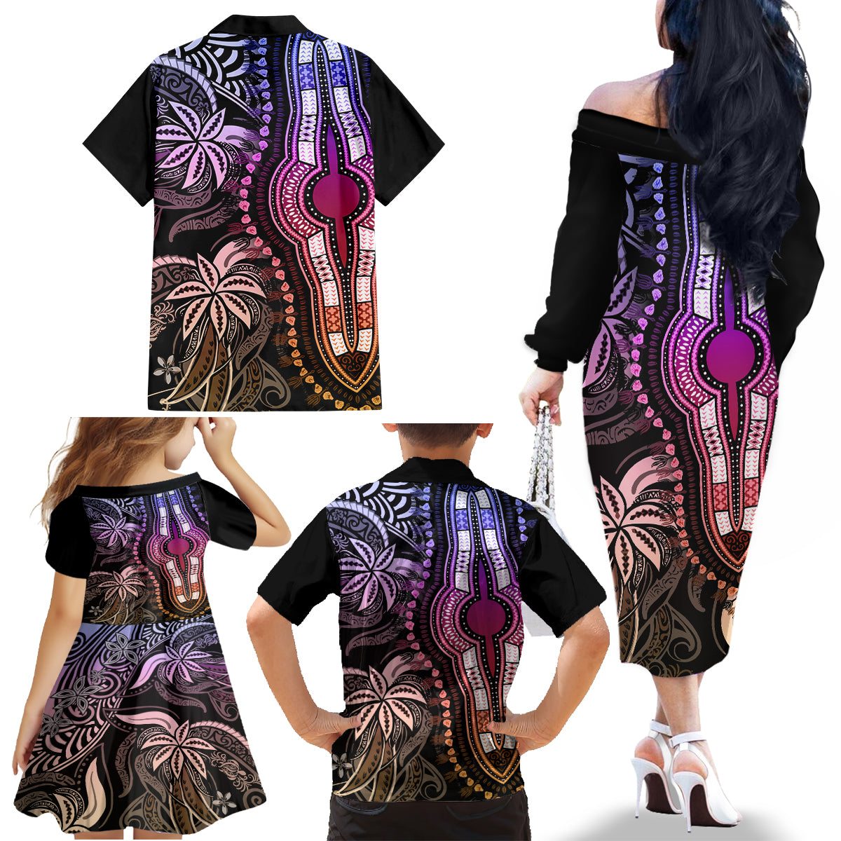 Polynesia Dashiki Family Matching Off Shoulder Long Sleeve Dress and Hawaiian Shirt Polynesia and Africa Traditional Special Together Pastel LT9 - Polynesian Pride