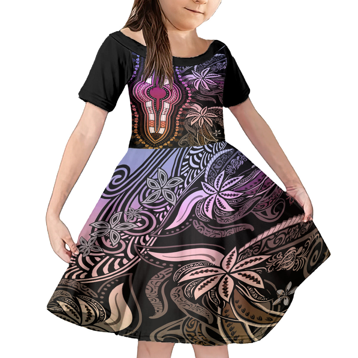 Polynesia Dashiki Family Matching Off Shoulder Maxi Dress and Hawaiian Shirt Polynesia and Africa Traditional Special Together Pastel LT9 Daughter's Dress Pastel - Polynesian Pride