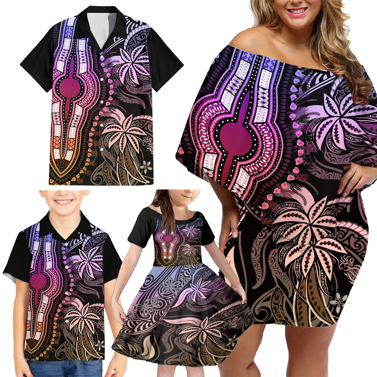 Polynesia Dashiki Family Matching Off Shoulder Short Dress and Hawaiian Shirt Polynesia and Africa Traditional Special Together Pastel LT9 - Polynesian Pride