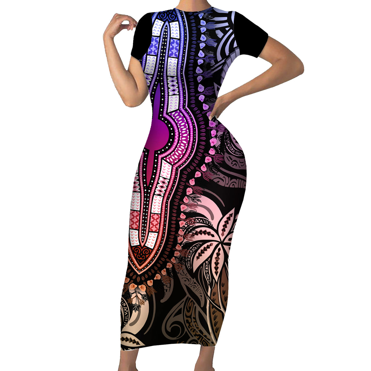 Polynesia Dashiki Family Matching Short Sleeve Bodycon Dress and Hawaiian Shirt Polynesia and Africa Traditional Special Together Pastel LT9 Mom's Dress Pastel - Polynesian Pride