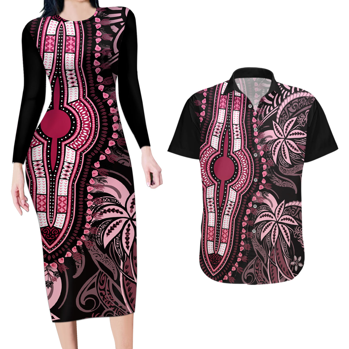 Polynesia Dashiki Couples Matching Long Sleeve Bodycon Dress and Hawaiian Shirt Polynesia and Africa Traditional Special Together Pink LT9 Pink - Polynesian Pride