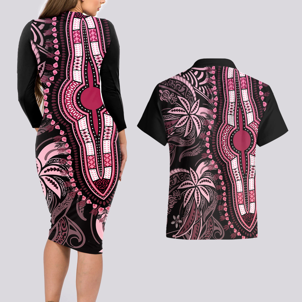 Polynesia Dashiki Couples Matching Long Sleeve Bodycon Dress and Hawaiian Shirt Polynesia and Africa Traditional Special Together Pink LT9 - Polynesian Pride