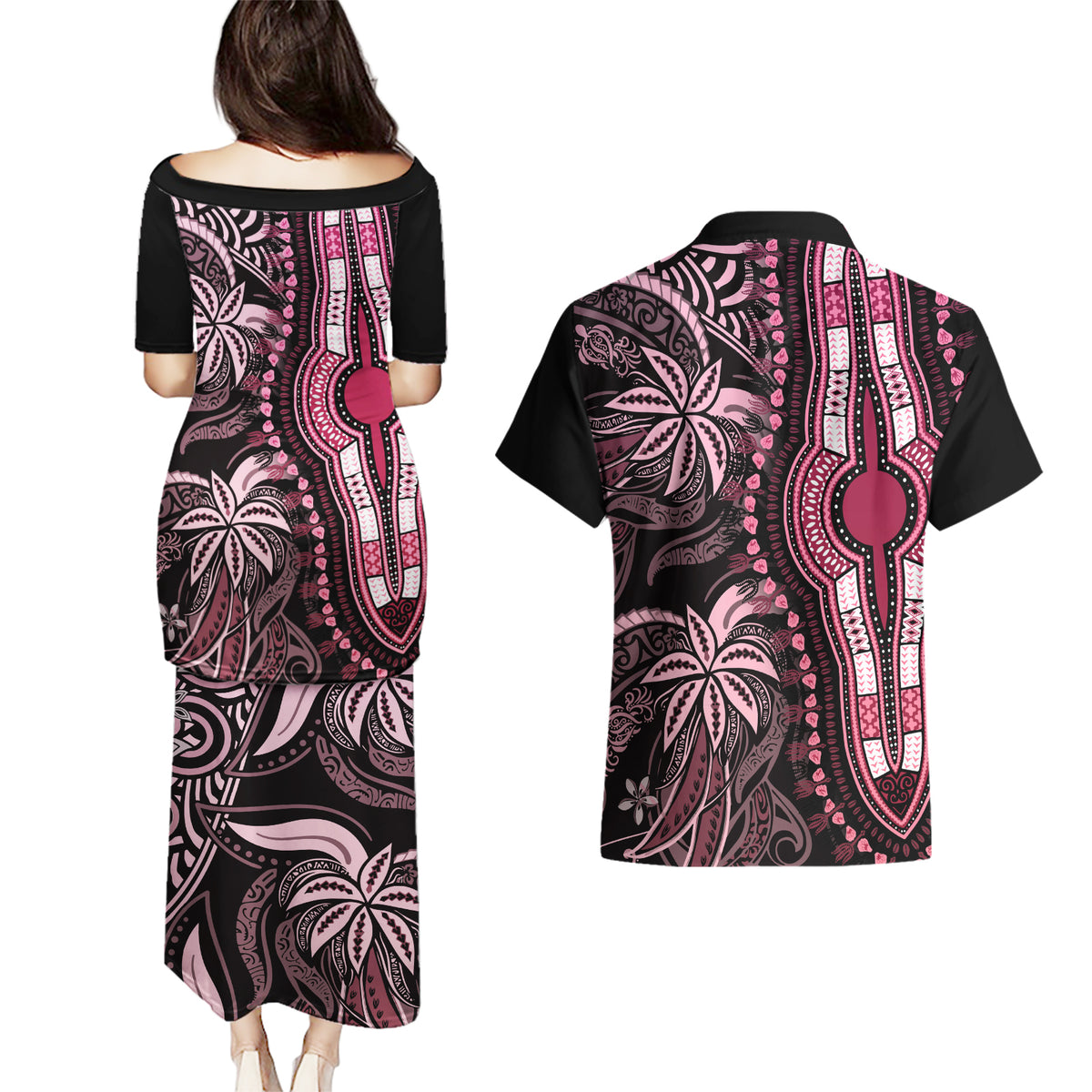 Polynesia Dashiki Couples Matching Puletasi Dress and Hawaiian Shirt Polynesia and Africa Traditional Special Together Pink LT9 - Polynesian Pride