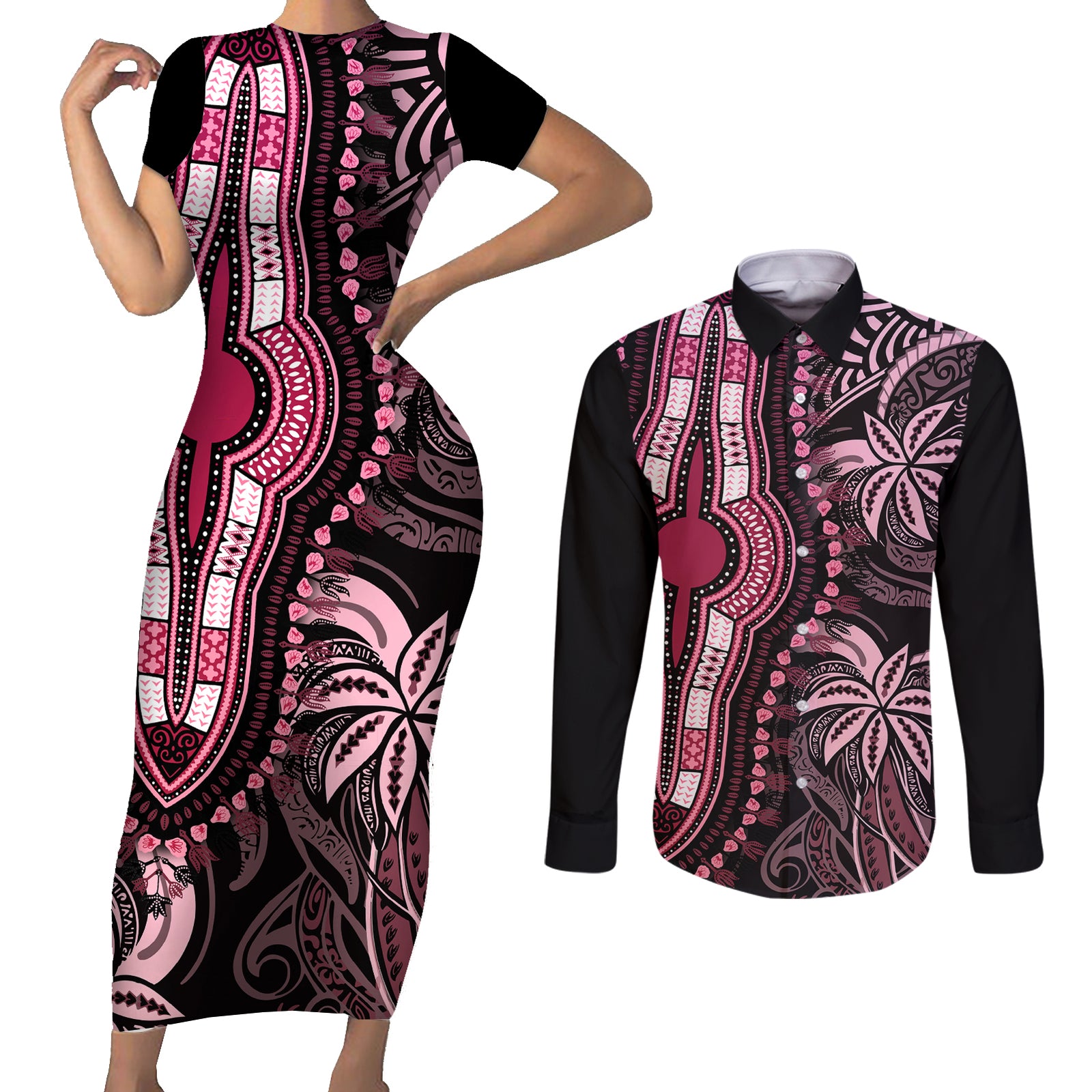 polynesia-dashiki-couples-matching-short-sleeve-bodycon-dress-and-long-sleeve-button-shirts-polynesia-and-africa-traditional-special-together-pink