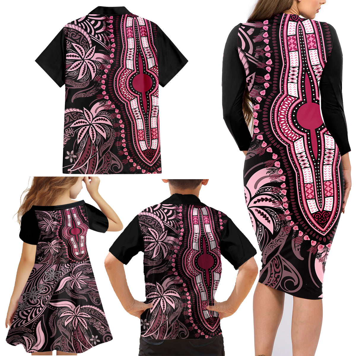 Polynesia Dashiki Family Matching Long Sleeve Bodycon Dress and Hawaiian Shirt Polynesia and Africa Traditional Special Together Pink LT9 - Polynesian Pride
