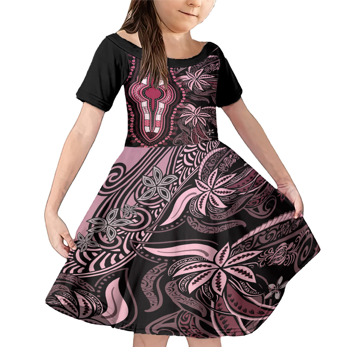Polynesia Dashiki Family Matching Mermaid Dress and Hawaiian Shirt Polynesia and Africa Traditional Special Together Pink LT9 Daughter's Dress Pink - Polynesian Pride