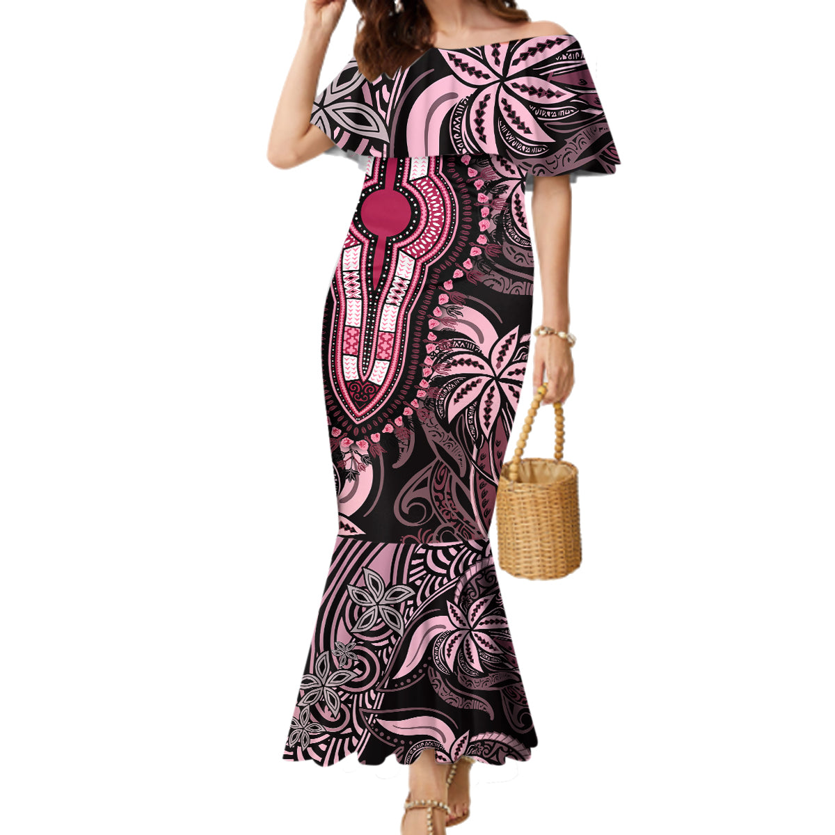 Polynesia Dashiki Family Matching Mermaid Dress and Hawaiian Shirt Polynesia and Africa Traditional Special Together Pink LT9 Mom's Dress Pink - Polynesian Pride