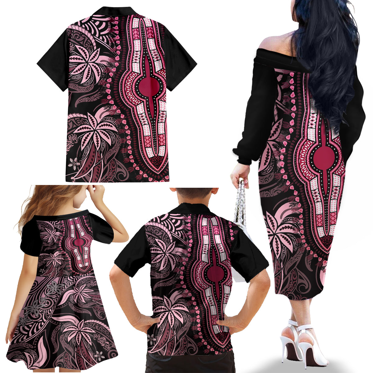 Polynesia Dashiki Family Matching Off Shoulder Long Sleeve Dress and Hawaiian Shirt Polynesia and Africa Traditional Special Together Pink LT9 - Polynesian Pride