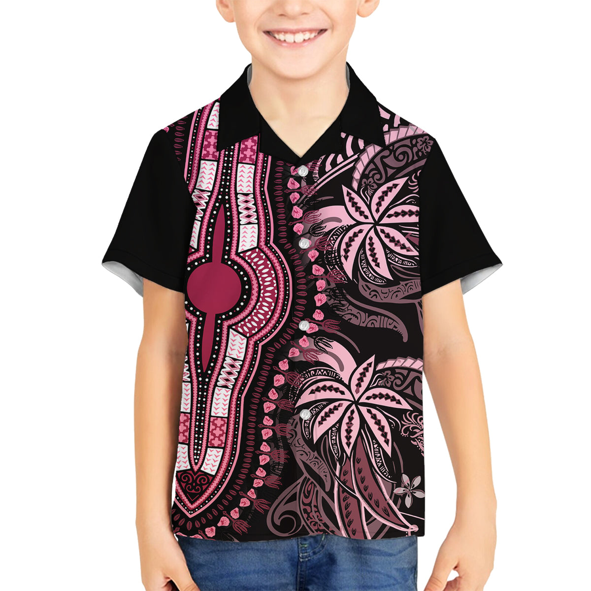 Polynesia Dashiki Family Matching Off Shoulder Long Sleeve Dress and Hawaiian Shirt Polynesia and Africa Traditional Special Together Pink LT9 Son's Shirt Pink - Polynesian Pride
