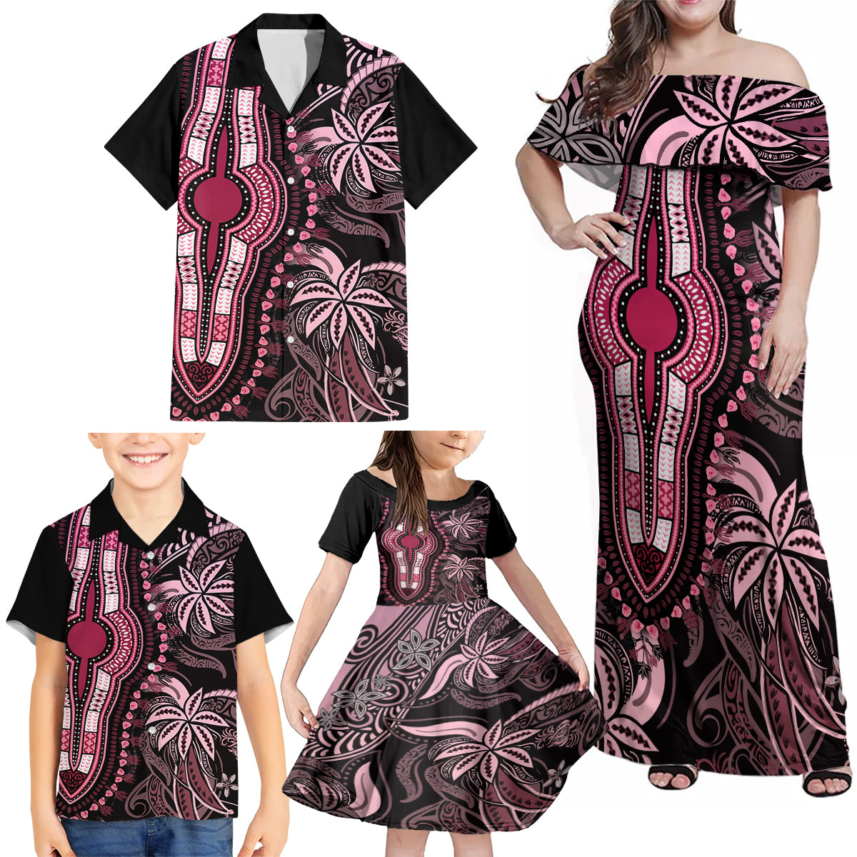 Polynesia Dashiki Family Matching Off Shoulder Maxi Dress and Hawaiian Shirt Polynesia and Africa Traditional Special Together Pink LT9 - Polynesian Pride