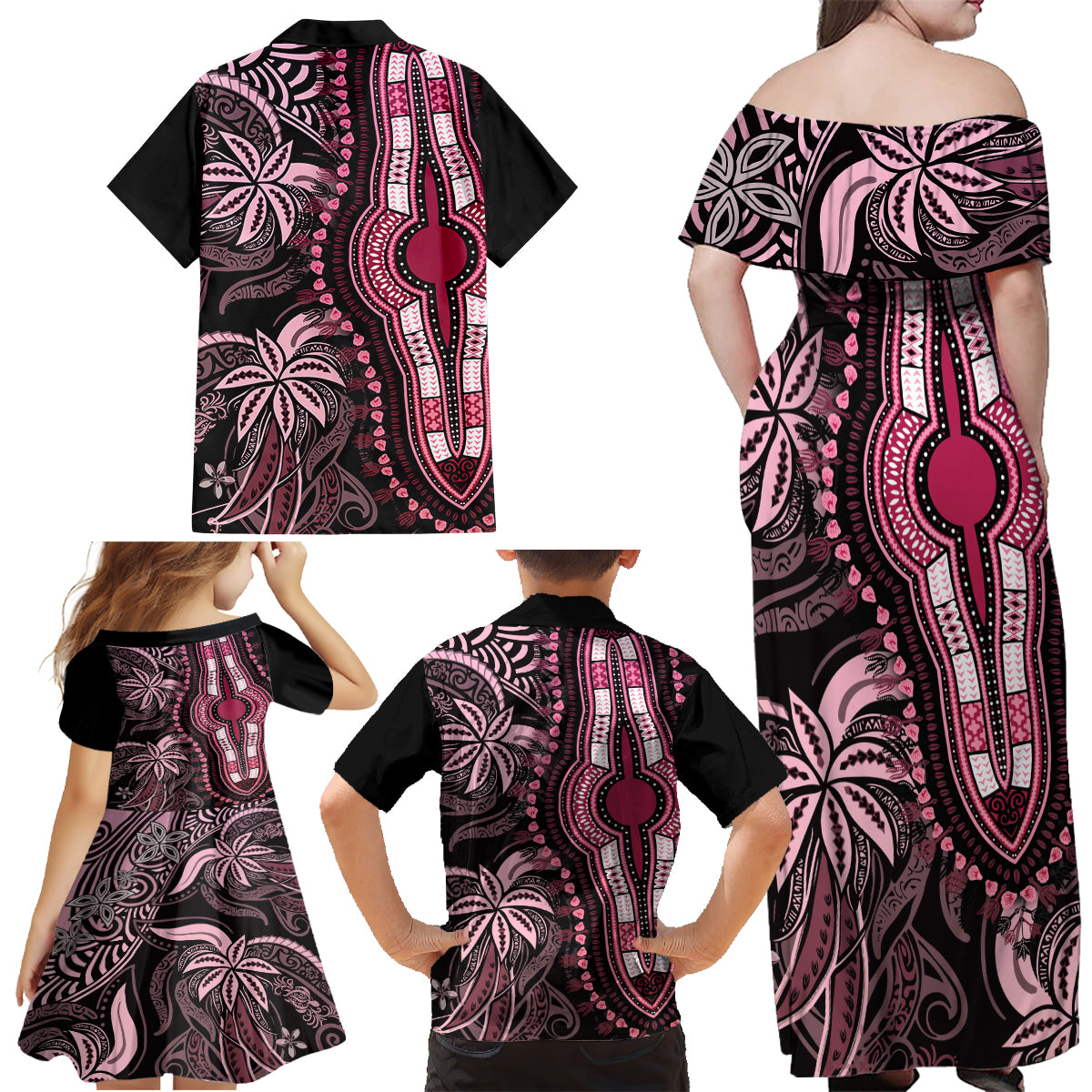 Polynesia Dashiki Family Matching Off Shoulder Maxi Dress and Hawaiian Shirt Polynesia and Africa Traditional Special Together Pink LT9 - Polynesian Pride