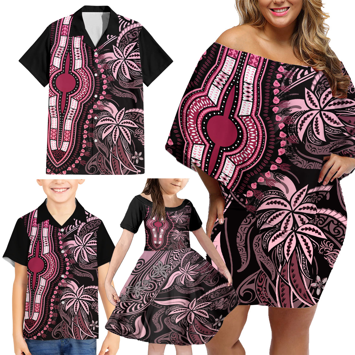 Polynesia Dashiki Family Matching Off Shoulder Short Dress and Hawaiian Shirt Polynesia and Africa Traditional Special Together Pink LT9 - Polynesian Pride