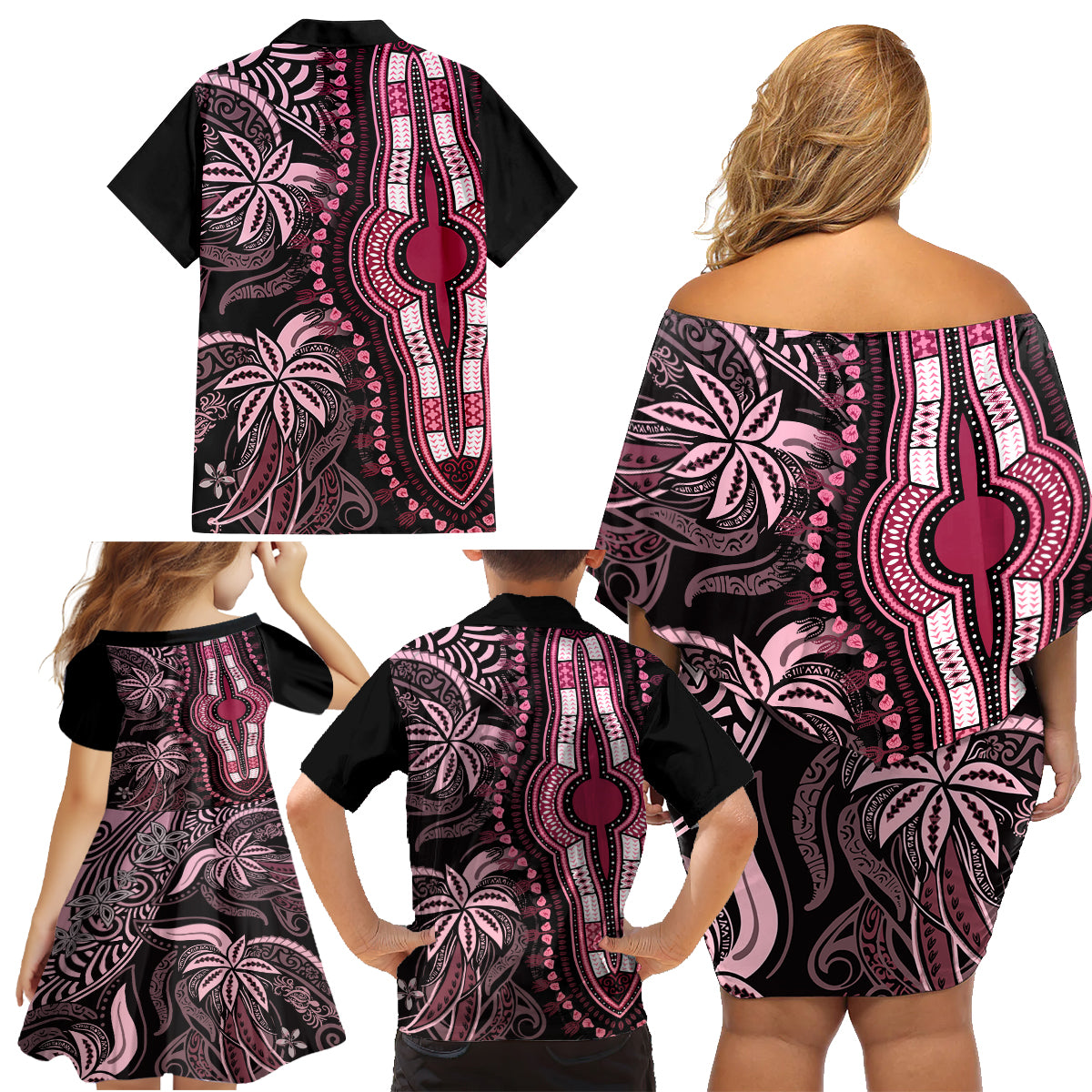 Polynesia Dashiki Family Matching Off Shoulder Short Dress and Hawaiian Shirt Polynesia and Africa Traditional Special Together Pink LT9 - Polynesian Pride