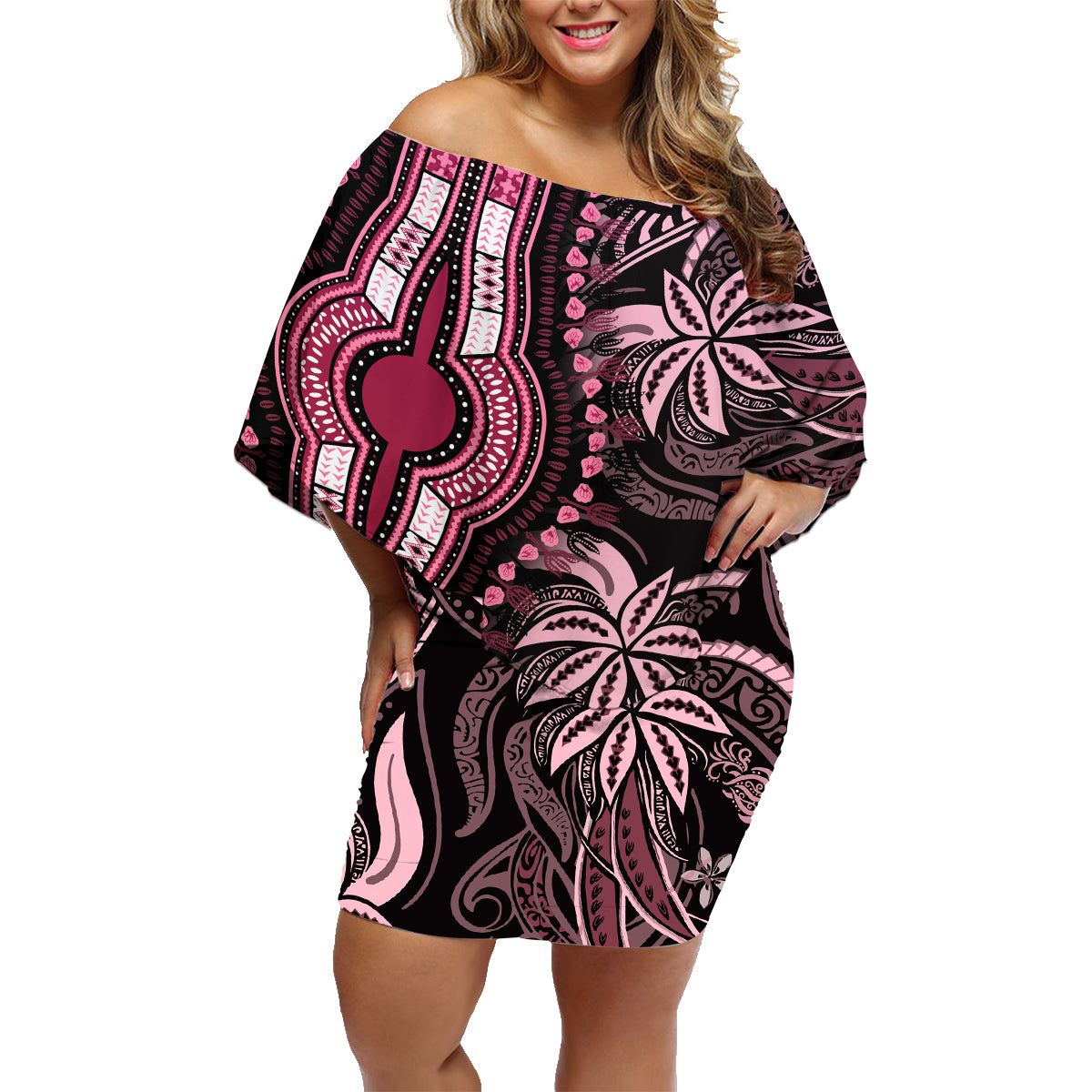 Polynesia Dashiki Family Matching Off Shoulder Short Dress and Hawaiian Shirt Polynesia and Africa Traditional Special Together Pink LT9 Mom's Dress Pink - Polynesian Pride