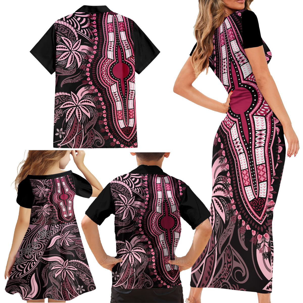 Polynesia Dashiki Family Matching Short Sleeve Bodycon Dress and Hawaiian Shirt Polynesia and Africa Traditional Special Together Pink LT9 - Polynesian Pride