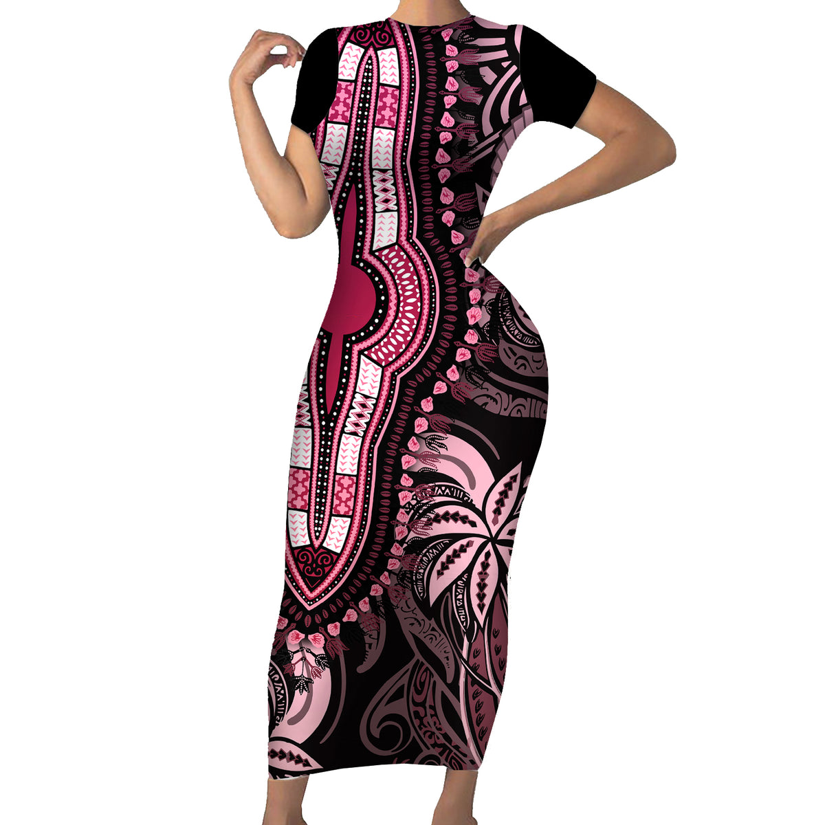 Polynesia Dashiki Family Matching Short Sleeve Bodycon Dress and Hawaiian Shirt Polynesia and Africa Traditional Special Together Pink LT9 Mom's Dress Pink - Polynesian Pride
