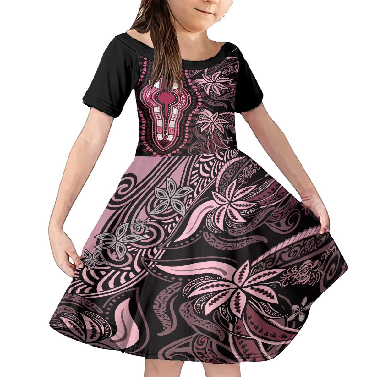 Polynesia Dashiki Family Matching Summer Maxi Dress and Hawaiian Shirt Polynesia and Africa Traditional Special Together Pink LT9 Daughter's Dress Pink - Polynesian Pride
