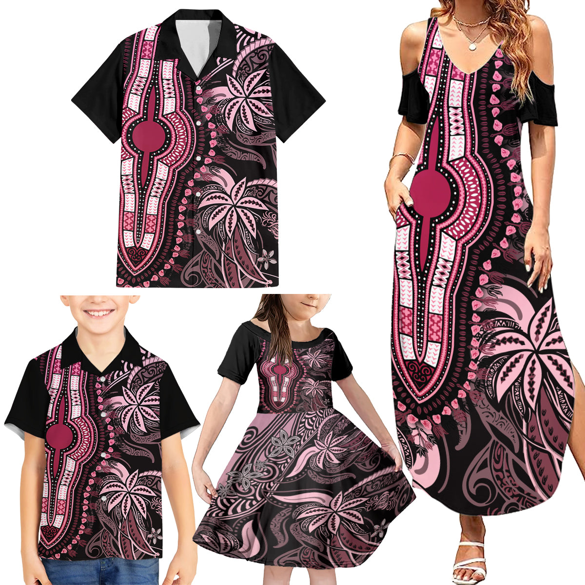 Polynesia Dashiki Family Matching Summer Maxi Dress and Hawaiian Shirt Polynesia and Africa Traditional Special Together Pink LT9 - Polynesian Pride