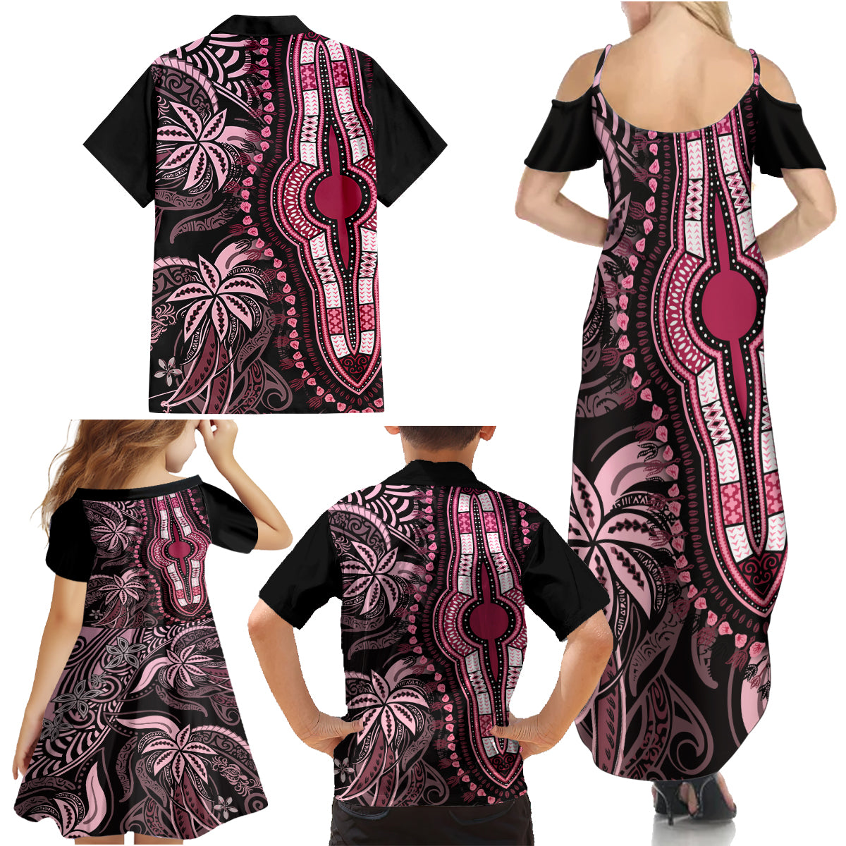 Polynesia Dashiki Family Matching Summer Maxi Dress and Hawaiian Shirt Polynesia and Africa Traditional Special Together Pink LT9 - Polynesian Pride