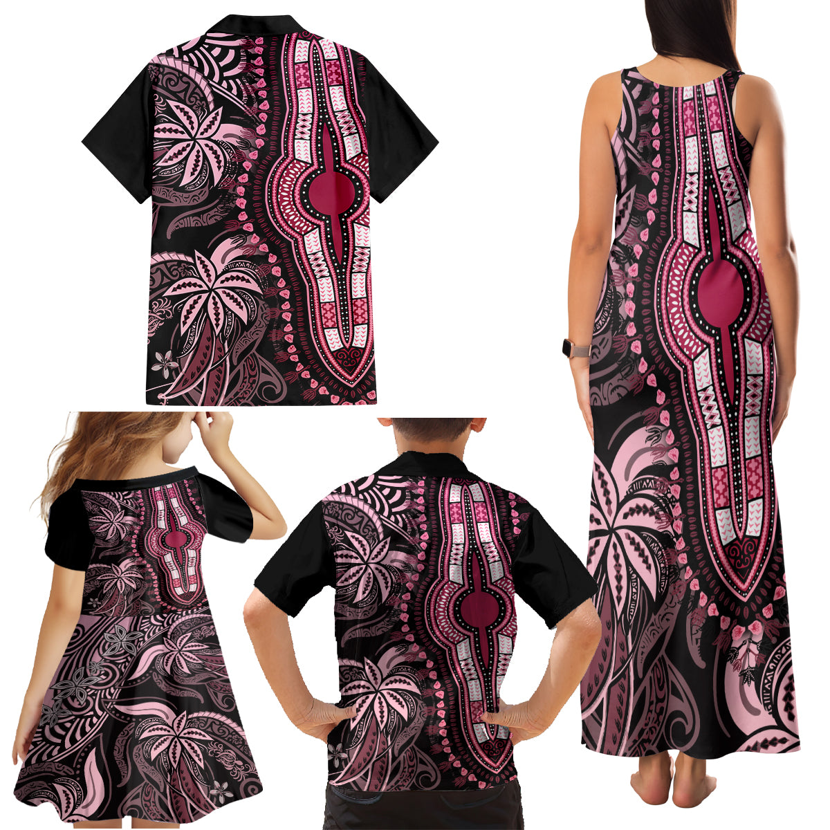 Polynesia Dashiki Family Matching Tank Maxi Dress and Hawaiian Shirt Polynesia and Africa Traditional Special Together Pink LT9 - Polynesian Pride