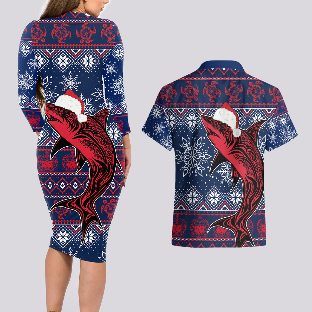 Samoa Manuia Le Kirisimasi Couples Matching Long Sleeve Bodycon Dress and Hawaiian Shirt Samoan Fishing Tribal Pattern Christmas Vibe LT9 - Polynesian Pride