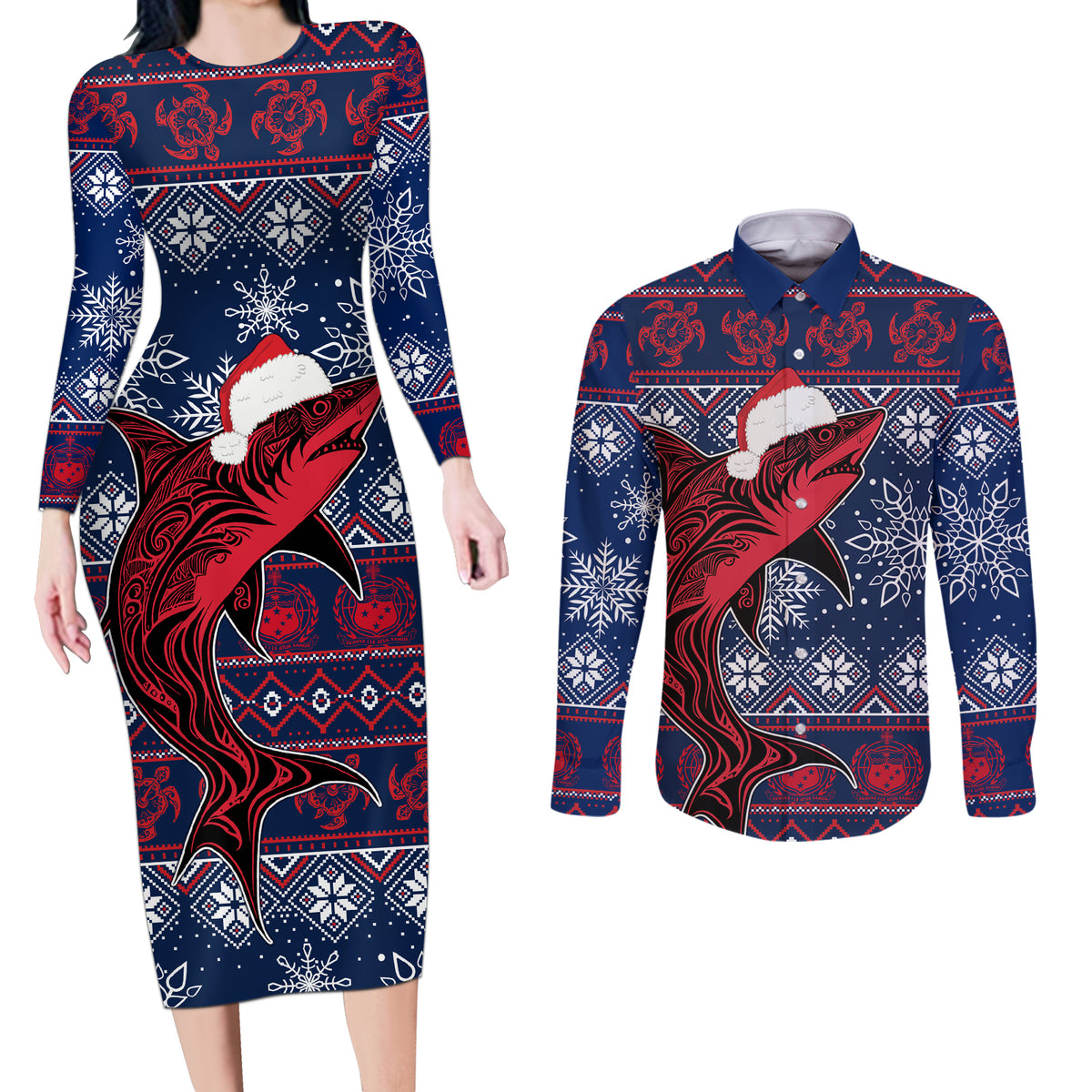 Samoa Manuia Le Kirisimasi Couples Matching Long Sleeve Bodycon Dress and Long Sleeve Button Shirts Samoan Fishing Tribal Pattern Christmas Vibe LT9 Red - Polynesian Pride