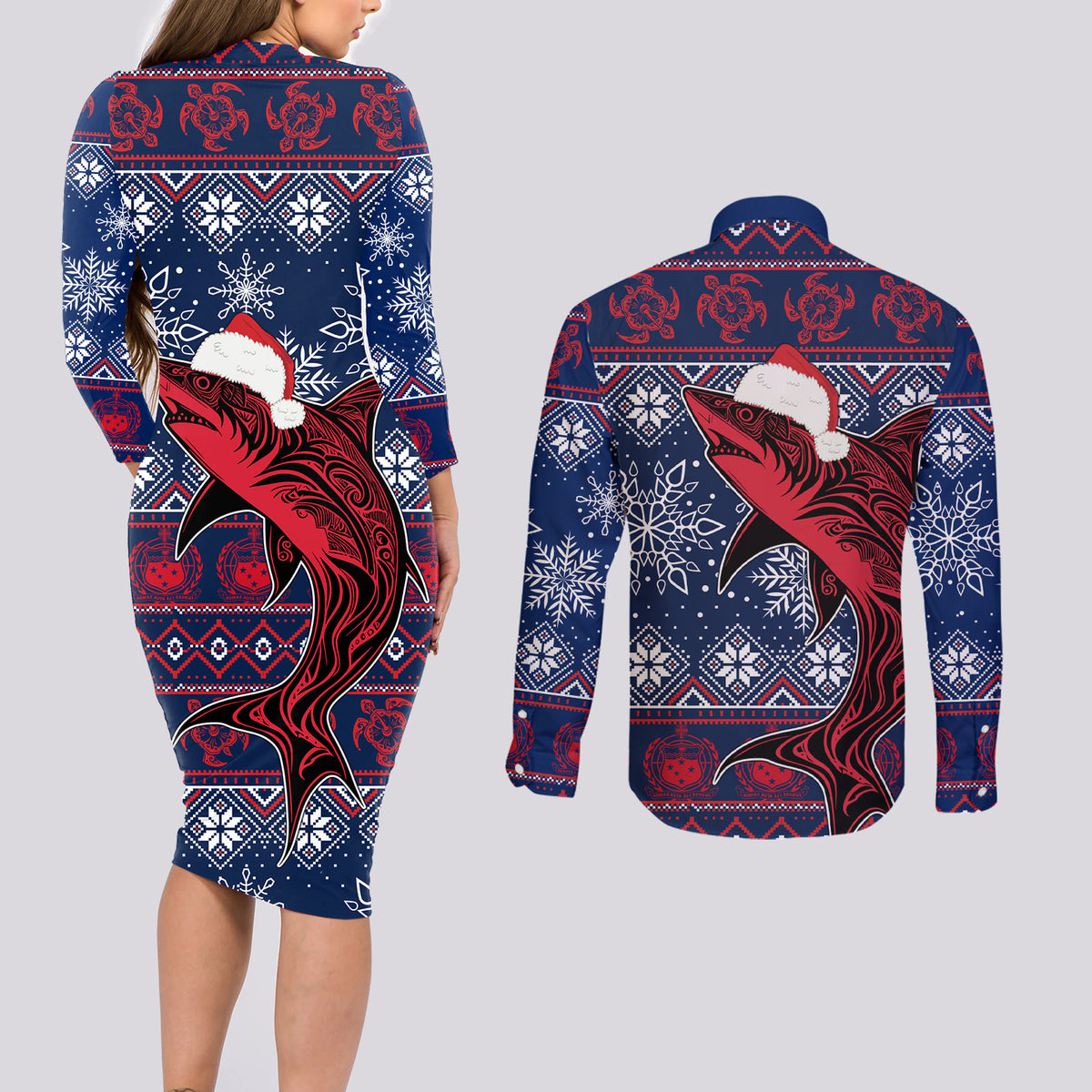 Samoa Manuia Le Kirisimasi Couples Matching Long Sleeve Bodycon Dress and Long Sleeve Button Shirts Samoan Fishing Tribal Pattern Christmas Vibe LT9 - Polynesian Pride