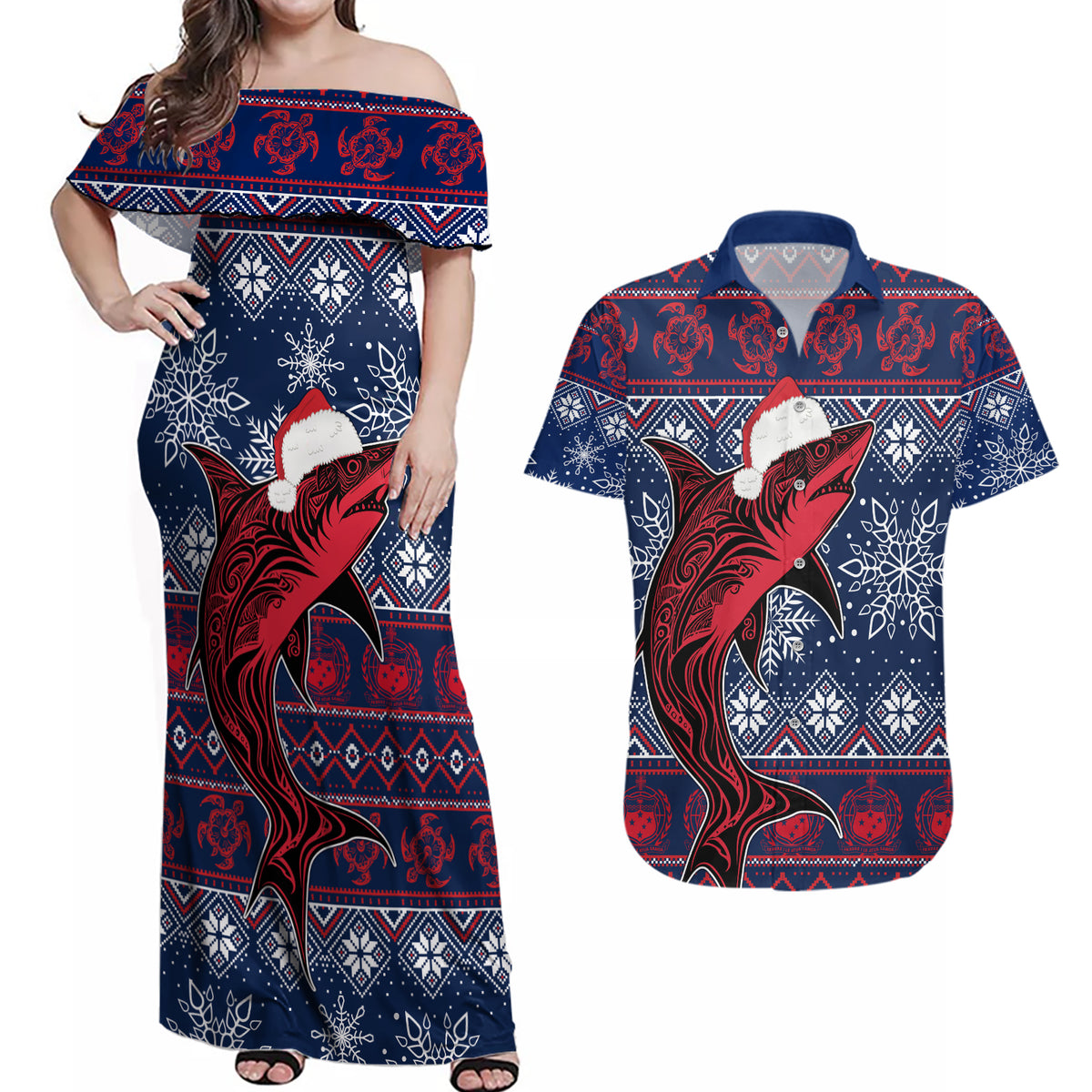 Samoa Manuia Le Kirisimasi Couples Matching Off Shoulder Maxi Dress and Hawaiian Shirt Samoan Fishing Tribal Pattern Christmas Vibe LT9 Red - Polynesian Pride