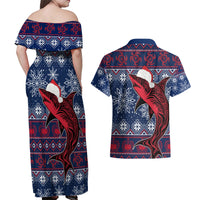 Samoa Manuia Le Kirisimasi Couples Matching Off Shoulder Maxi Dress and Hawaiian Shirt Samoan Fishing Tribal Pattern Christmas Vibe LT9 - Polynesian Pride