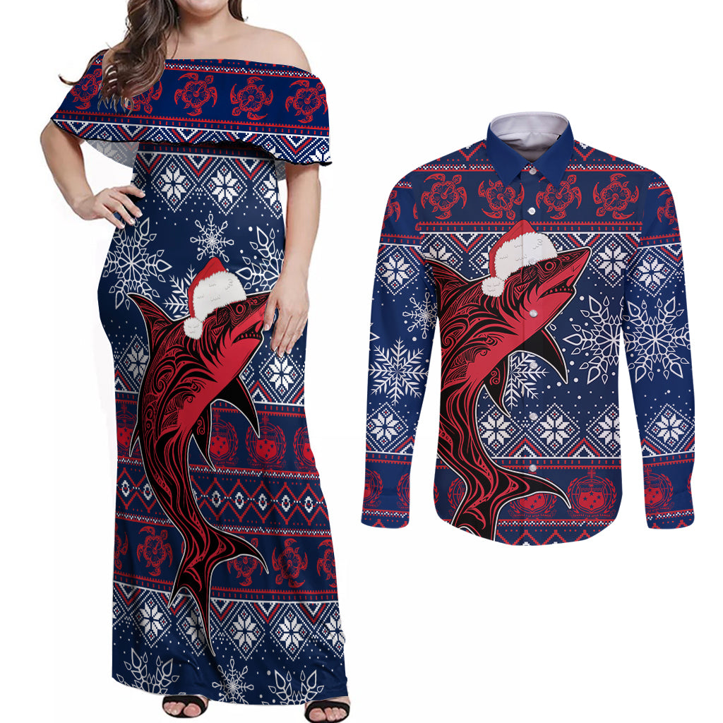 Samoa Manuia Le Kirisimasi Couples Matching Off Shoulder Maxi Dress and Long Sleeve Button Shirts Samoan Fishing Tribal Pattern Christmas Vibe LT9 Red - Polynesian Pride