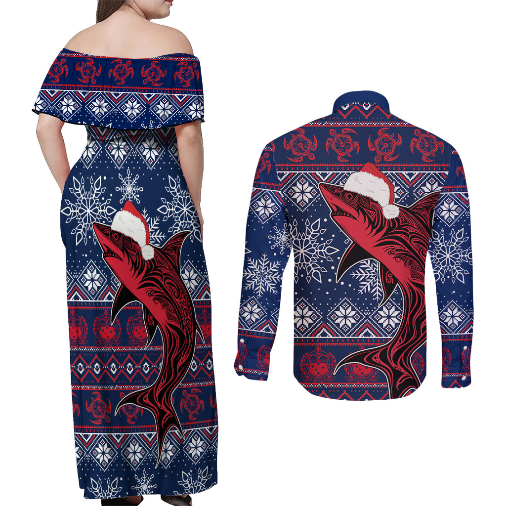 Samoa Manuia Le Kirisimasi Couples Matching Off Shoulder Maxi Dress and Long Sleeve Button Shirts Samoan Fishing Tribal Pattern Christmas Vibe LT9 - Polynesian Pride