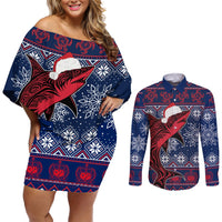 Samoa Manuia Le Kirisimasi Couples Matching Off Shoulder Short Dress and Long Sleeve Button Shirts Samoan Fishing Tribal Pattern Christmas Vibe LT9 Red - Polynesian Pride
