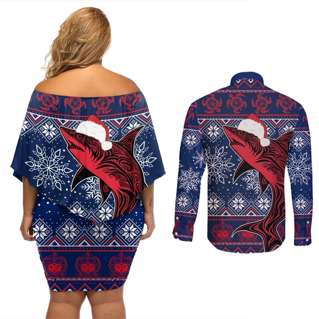 Samoa Manuia Le Kirisimasi Couples Matching Off Shoulder Short Dress and Long Sleeve Button Shirts Samoan Fishing Tribal Pattern Christmas Vibe LT9 - Polynesian Pride