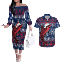 Samoa Manuia Le Kirisimasi Couples Matching Off The Shoulder Long Sleeve Dress and Hawaiian Shirt Samoan Fishing Tribal Pattern Christmas Vibe LT9 Red - Polynesian Pride